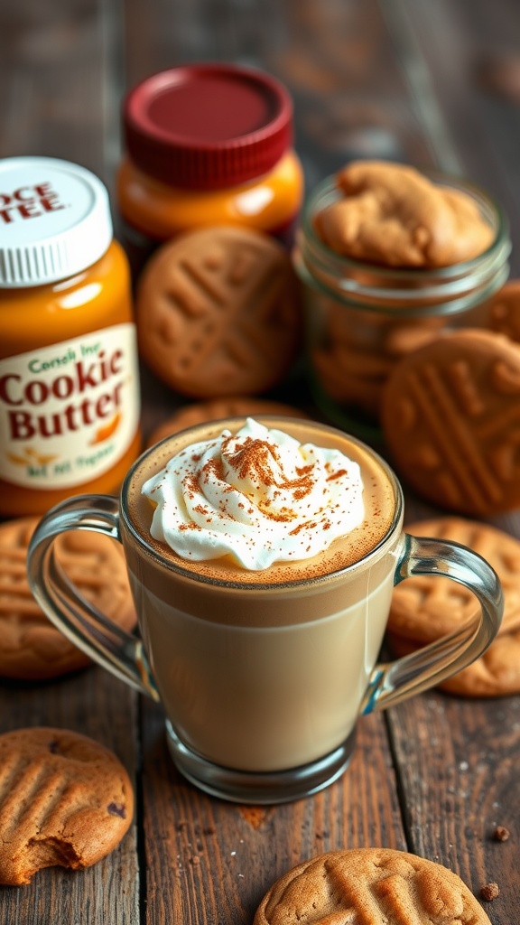 A mug of cookie butter latte topped with whipped cream and cinnamon, on a wooden table with cookie butter jars.